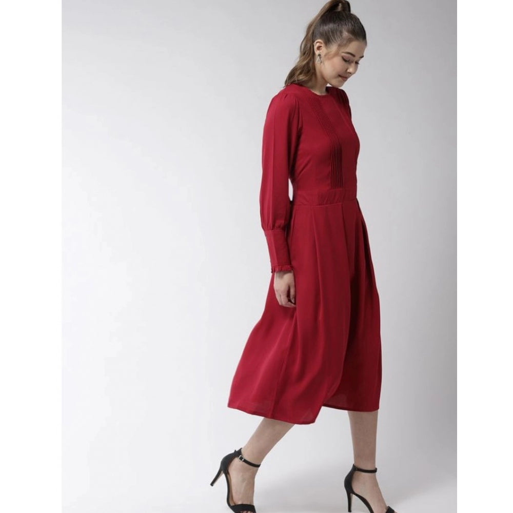 Generic Women's Polyester Pintuck Long Sleeves Below Knee Dress (Red)