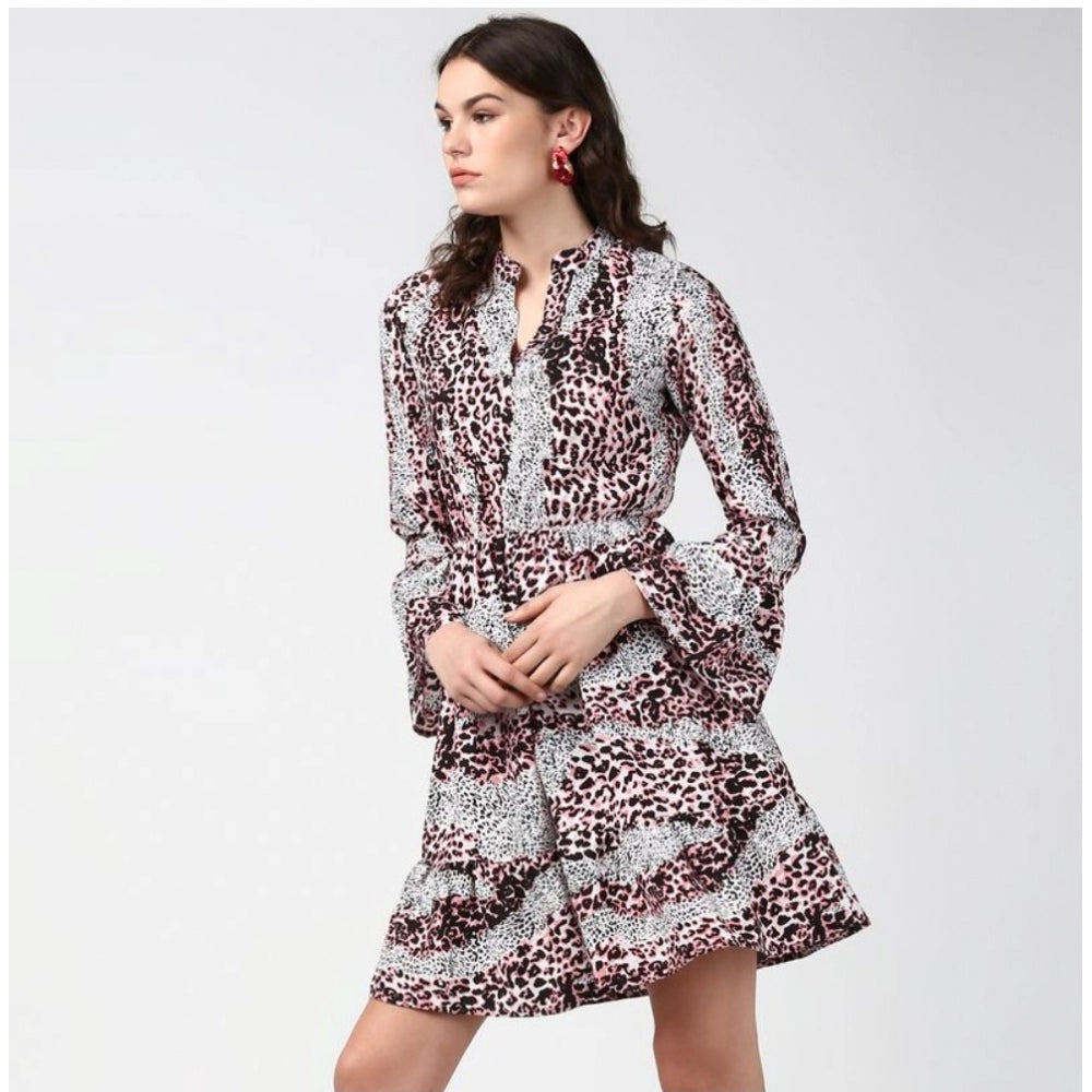Generic Women's Polyester Animal Print Bell Sleeve Above Knee Dress (Pink - Black)