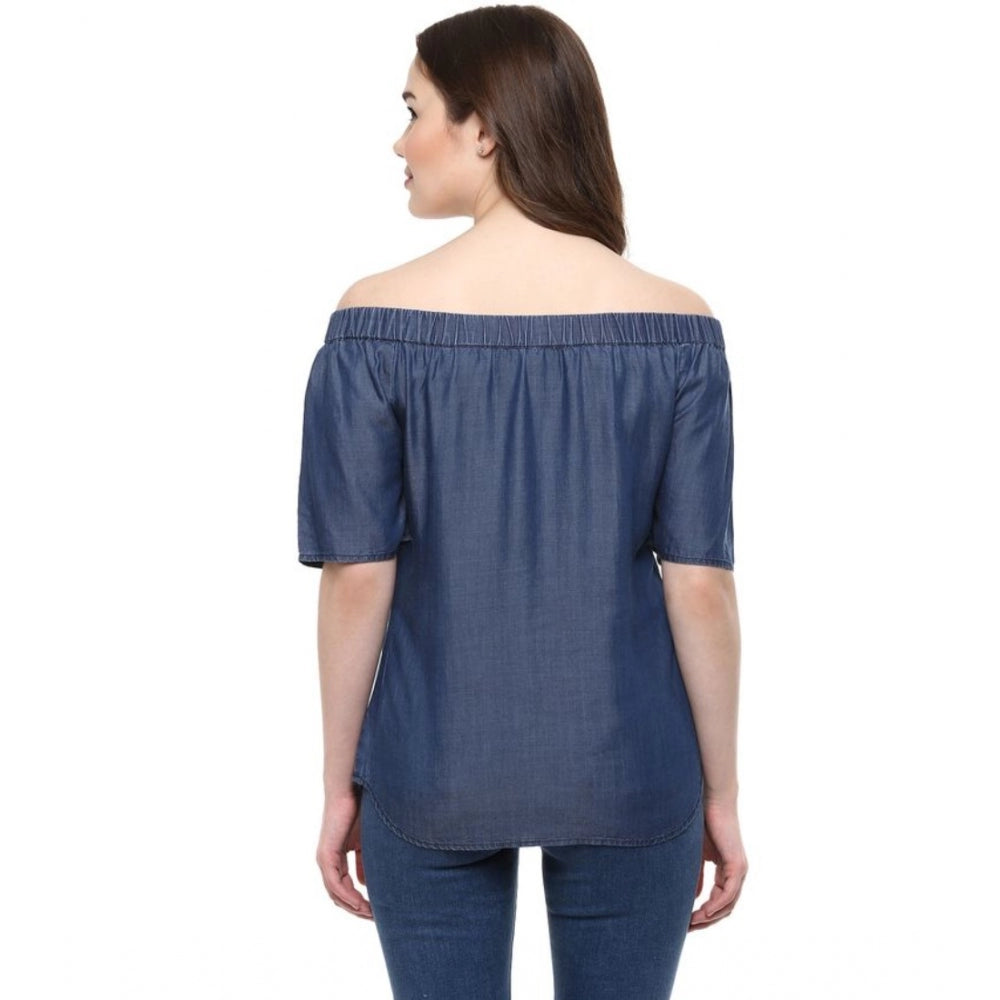 Generic Women's Denim Solid Short Sleeve Regular Top (Blue)