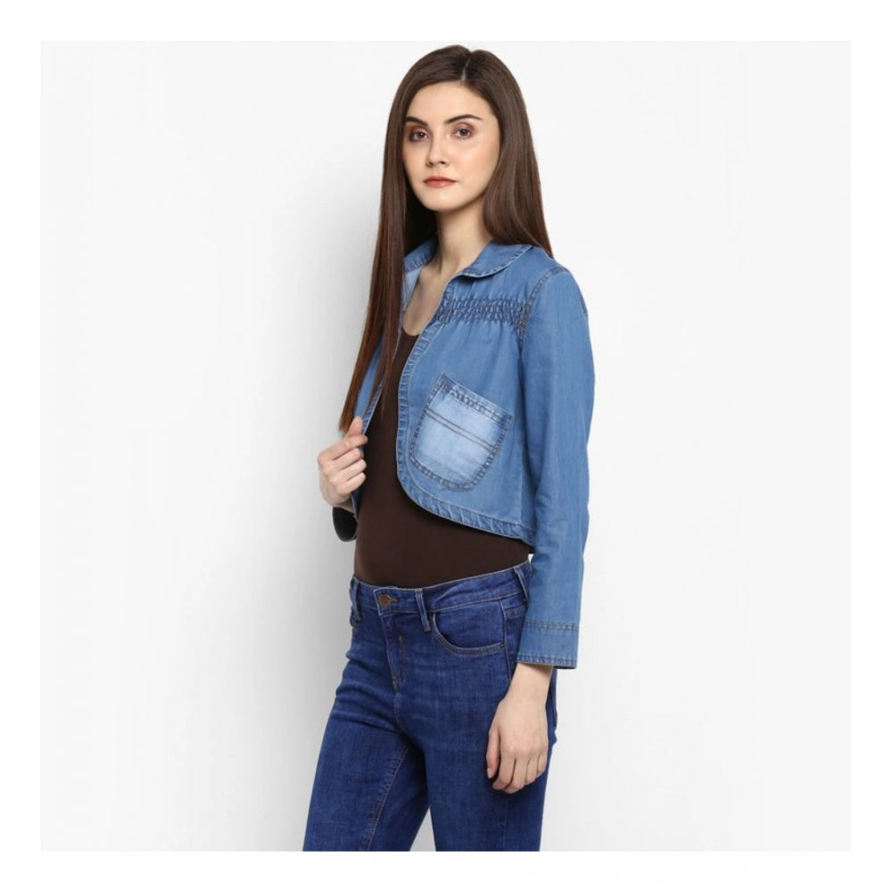 Generic Women's Denim Smocking 3-4th Sleeves Shrug (Blue)