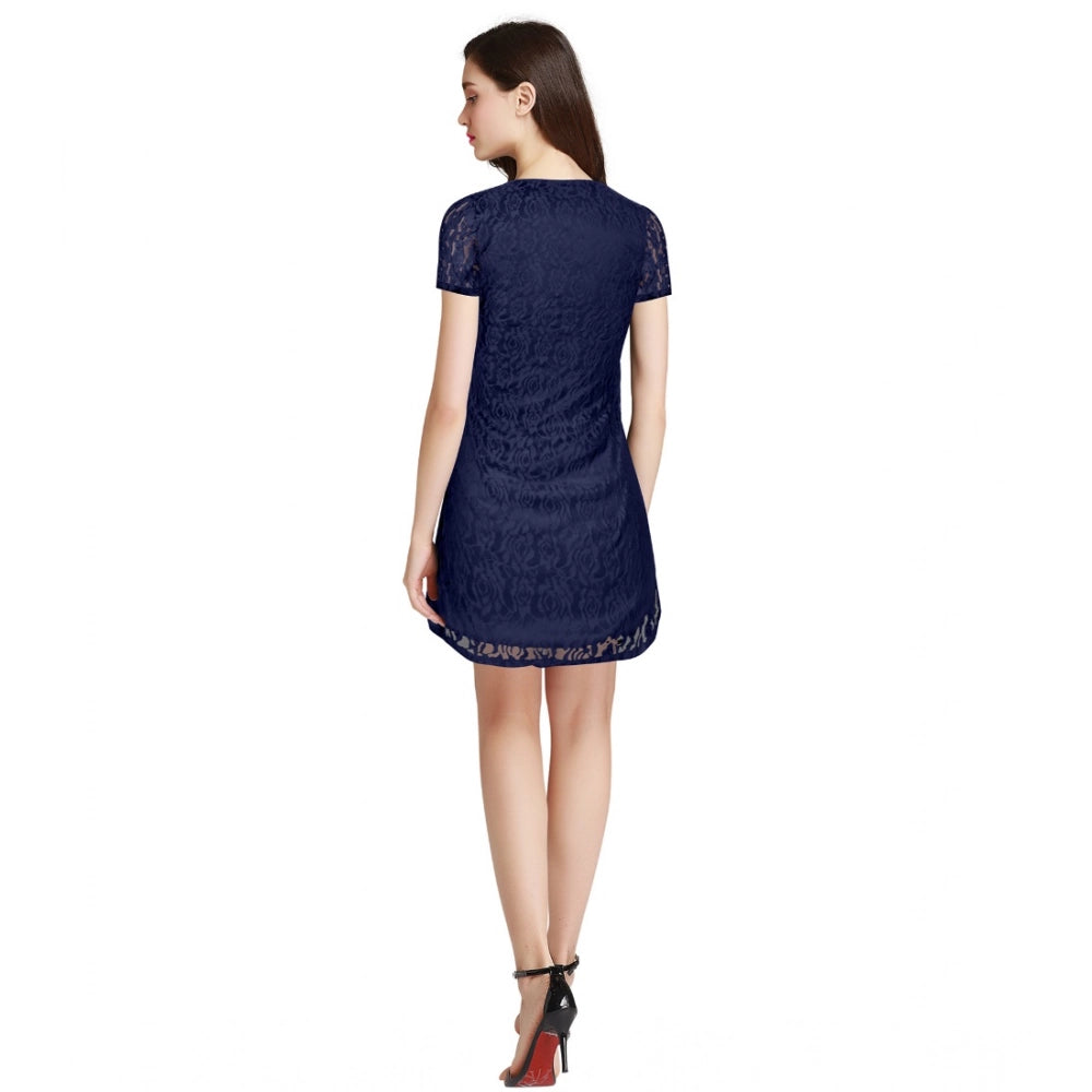 Generic Women's Rasal Solid Round Neck Cap Sleeve Dress (Blue)