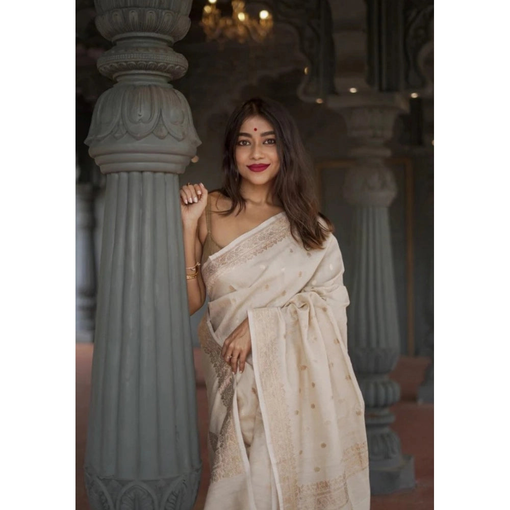 Generic Women's Cotton  Printed Saree With Unstitched Blouse 5.5Mtr (Cream)