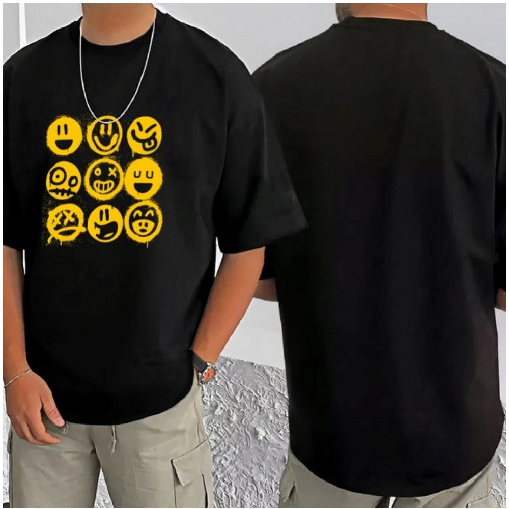 Generic Men's Casual Cotton Blend Printed Round Neck Half Sleeve T-Shirt (Black)