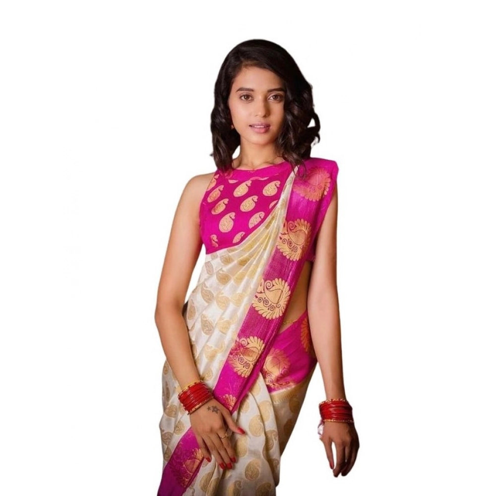 Generic Women's Soft Lichi Silk Printed Saree With Unstitched Blouse 5.5Mtr (White)
