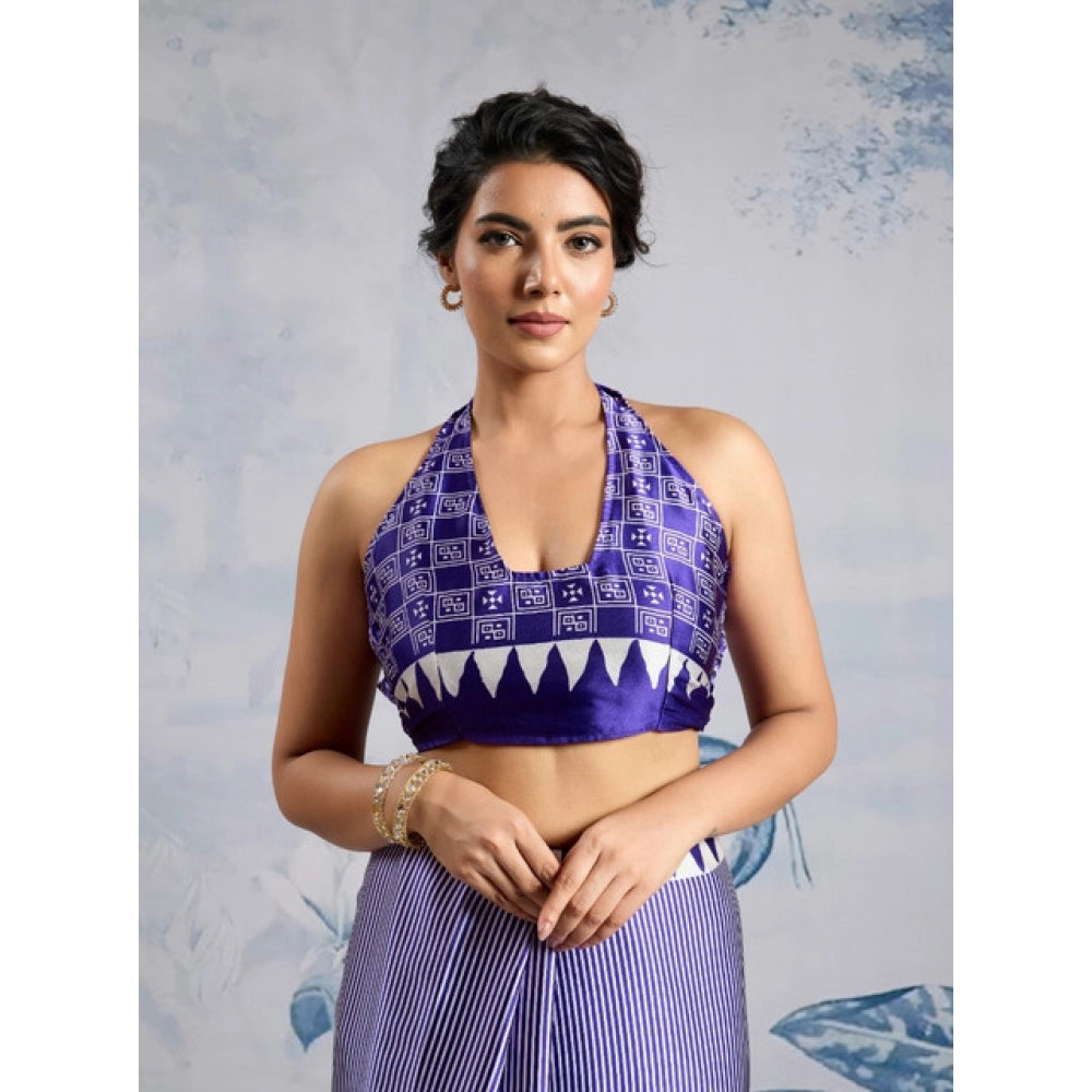 Generic Women's Satin Crepe Printed Saree With Unstitched Blouse 5.5Mtr (Purple)