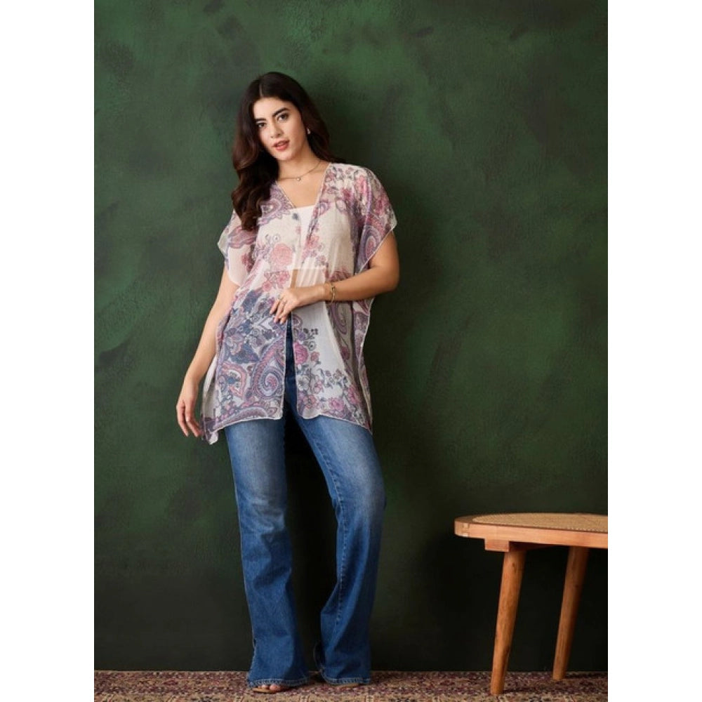 Generic Women's Chiffon Printed Short Sleeves Shrug (White - Purple)