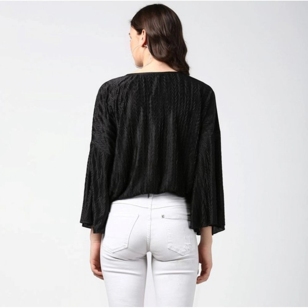 Generic Women's Polyester Pleated Balloon Sleeve Top (Black)