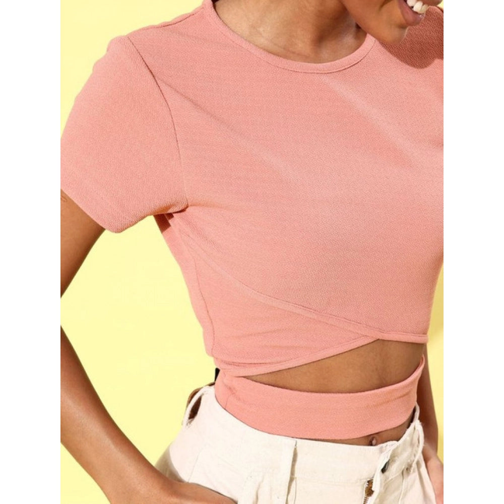 Generic Women's Polyester Lycra Solid Short Sleeve Top (Pink)