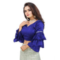 Generic Women's Organza Solid V Neck Layered Ruffle Sleeve Readymade Blouse (Blue Free Size , up to 38–40 Bust)-PID65849